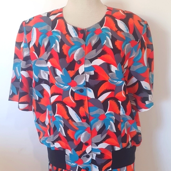 VINTAGE 80S Size 18 Blue/Orange Set Pleated - Picture 2 of 8